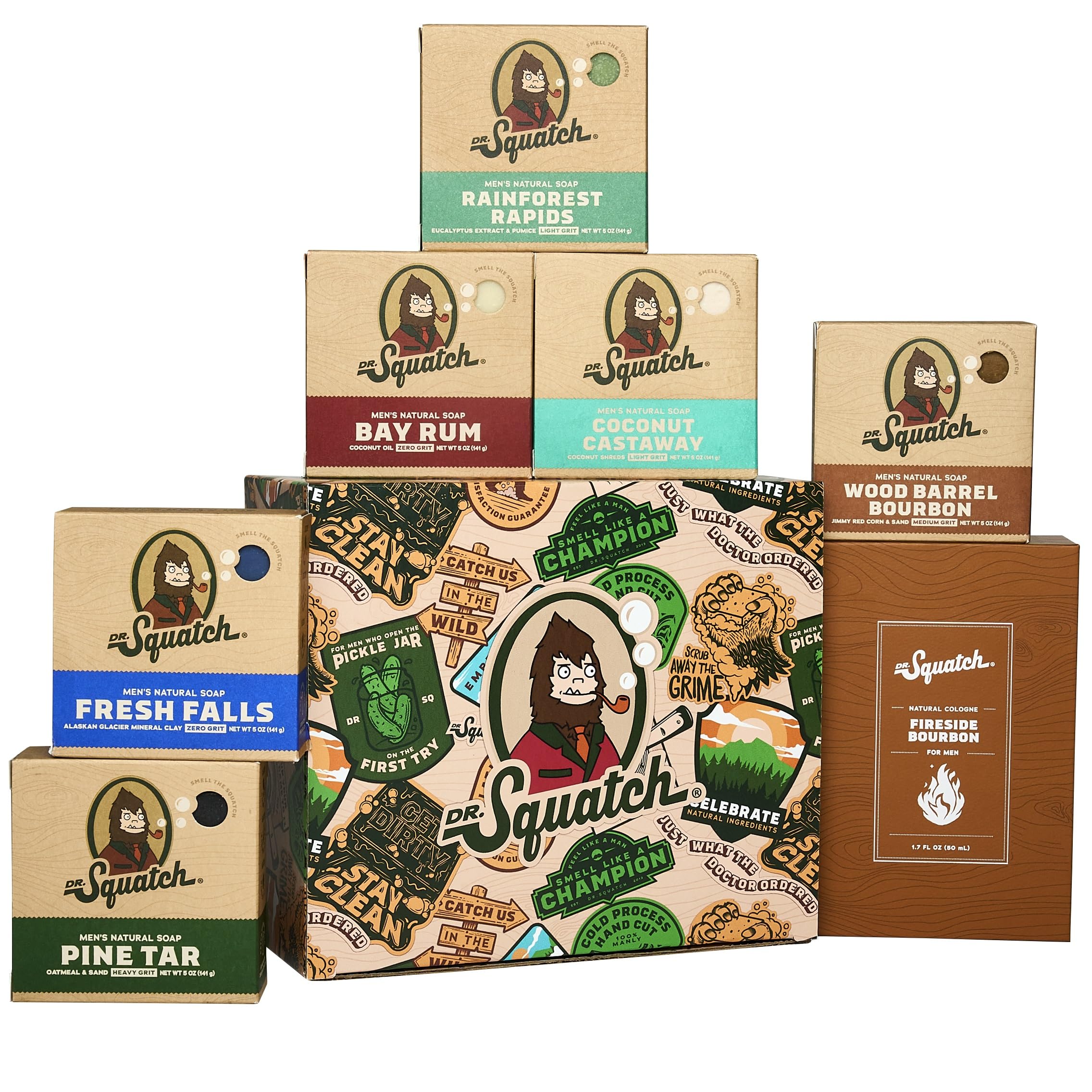 Dr. Squatch 2024 Holiday Bundle - Men's Natural 6 Soap and 1 Cologne Gift Set - Cold Process Soap with No Harsh Chemicals + Natural Cologne Made With Sustainably-Sourced Ingredients