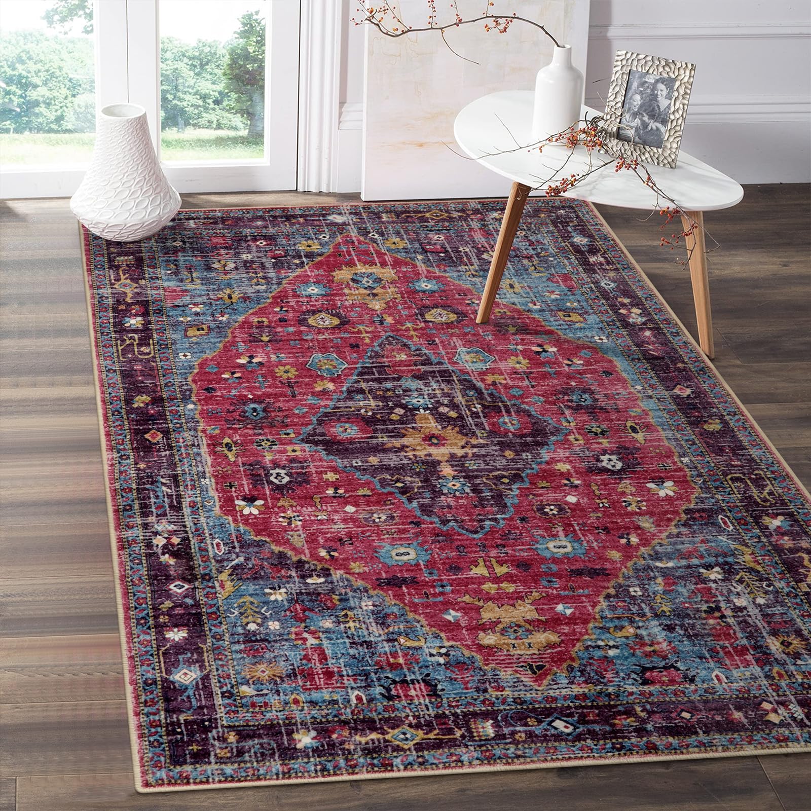 Lahome Washable Rugs 8x10 Pink Rugs for Bedroom Girls, Boho Tribal Nursery Living Room Area Rug, Vintage Large Soft Non Slip Indoor Carpet for Dorm Classroom Kids Room (8x10ft,Pink)