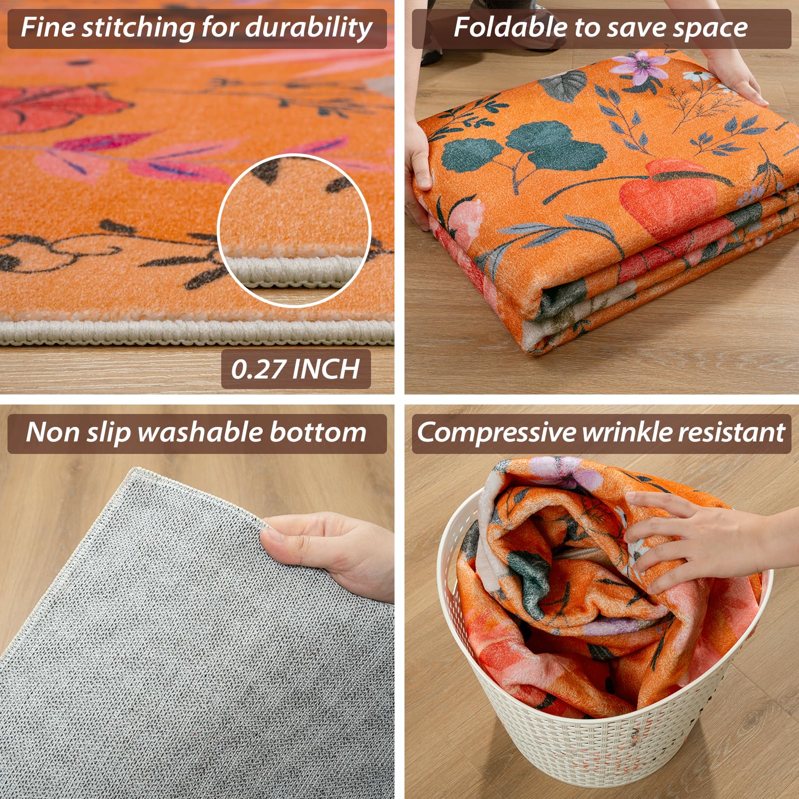 CRYPTOLITE Rugs for Living Room, Floral 6x9 Non Slip Machine Washable Large Living Room Rug, 0.27″ Low Pile & Non-Shedding Boho Large Area Rug for for Livingroom, Bedroom, Dining Room (Orange)