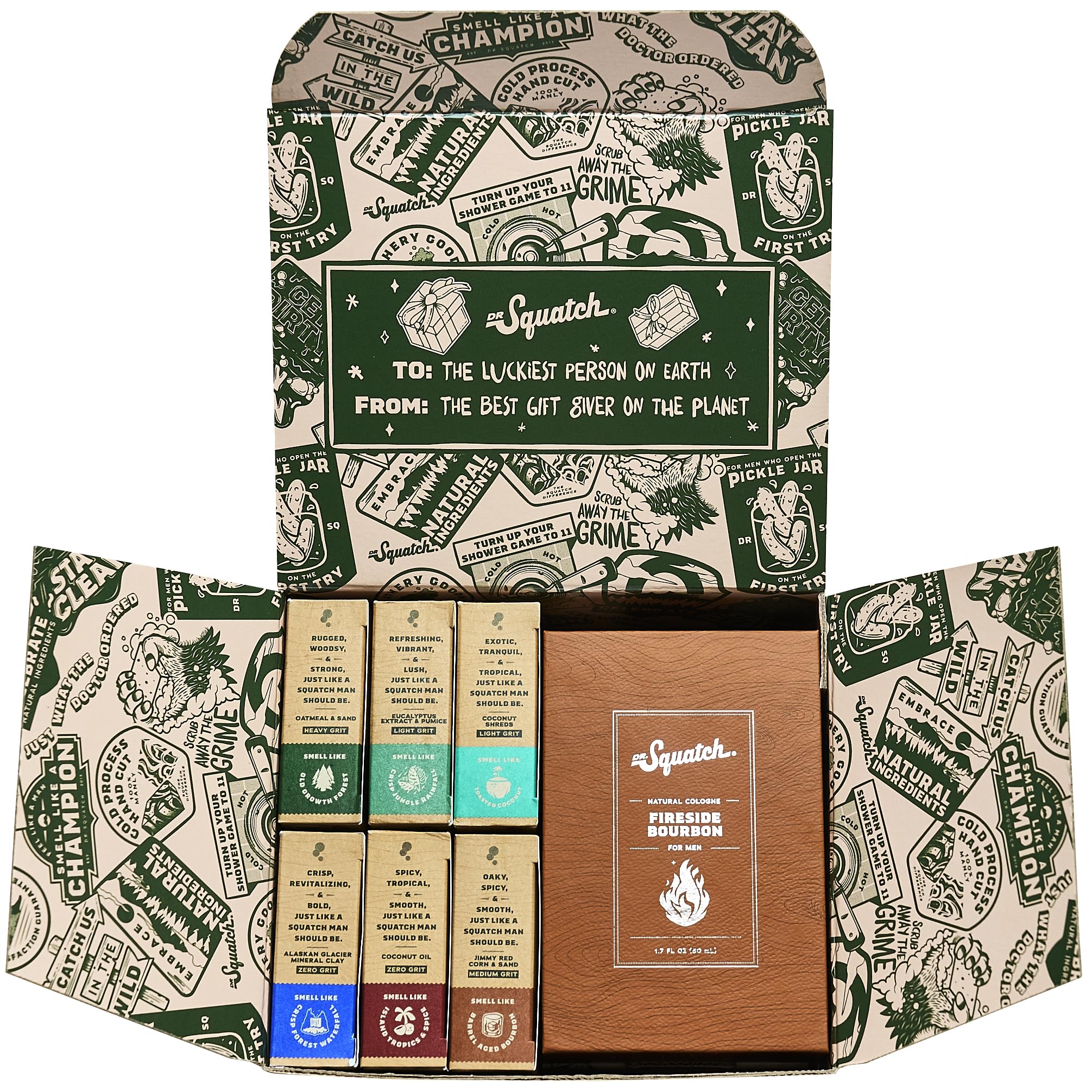 Dr. Squatch 2024 Holiday Bundle - Men's Natural 6 Soap and 1 Cologne Gift Set - Cold Process Soap with No Harsh Chemicals + Natural Cologne Made With Sustainably-Sourced Ingredients
